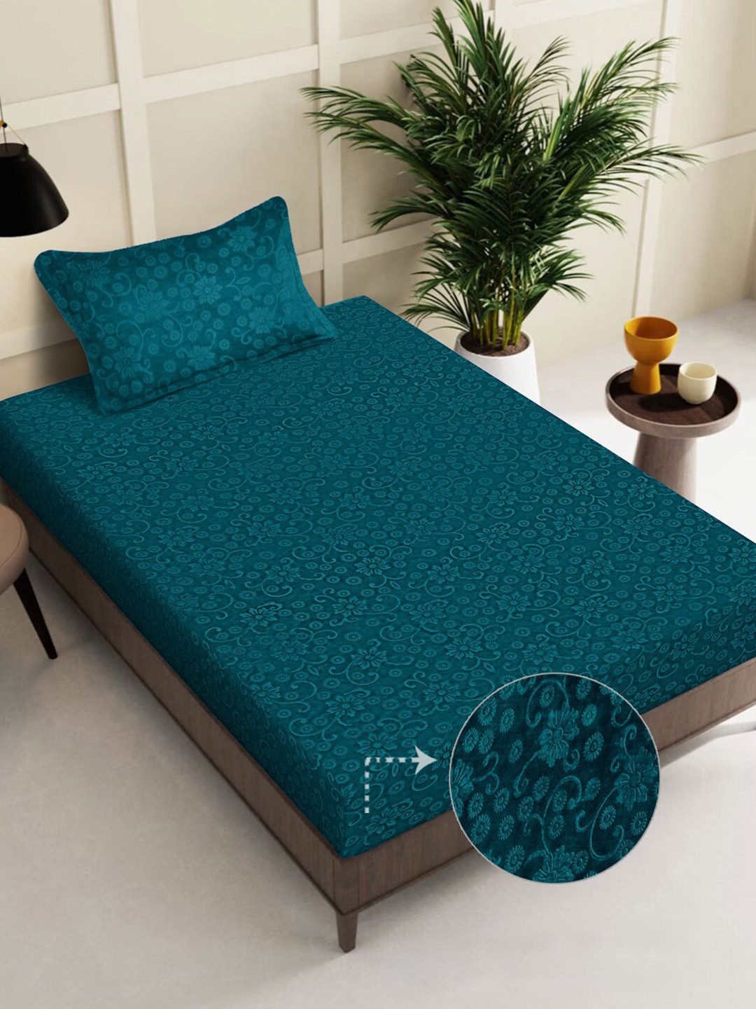 FABINALIV Rama Teal Floral Wool 300 TC Single Fine Bedsheet with a Pillow Cover-89 x 59 inches