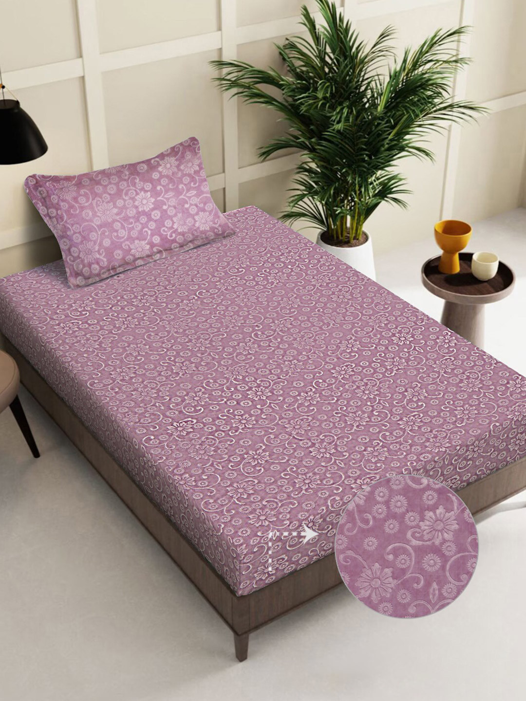 FABINALIV Mauve Floral Wool 300 TC Single Fine Bedsheet with a Pillow Cover-89 x 59 inches