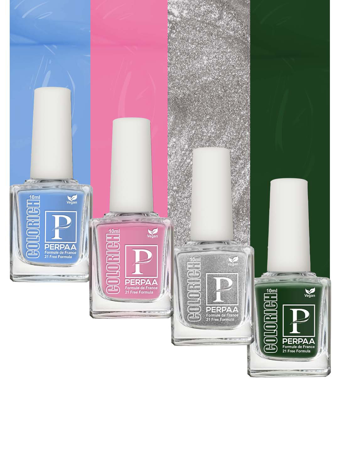 PERPAA Colorich 4-Pcs Nail Polish -10ml Each -Army Green-Baby Pink-Ice Blue-Texture Silver