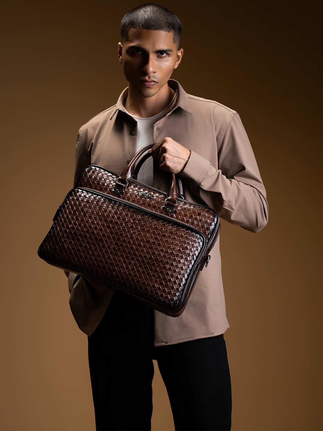 eske Men Tan Braided Multiple Organizers Woven 16 inch Leather Laptop Briefcase Bag