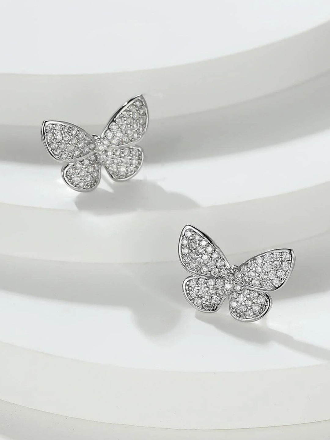 Krelin Platinum-Plated CZ Stone-Studded Butterfly Shaped Studs Earrings