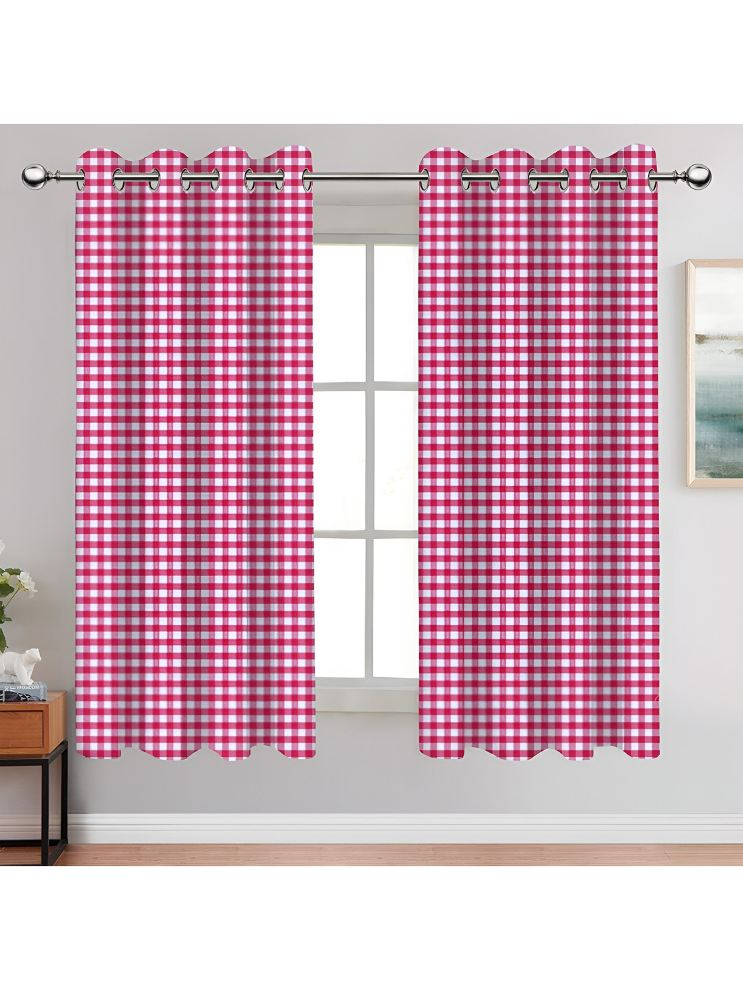 Airwill Pink & White 2Pcs Geometric Room Darkening Window Curtain