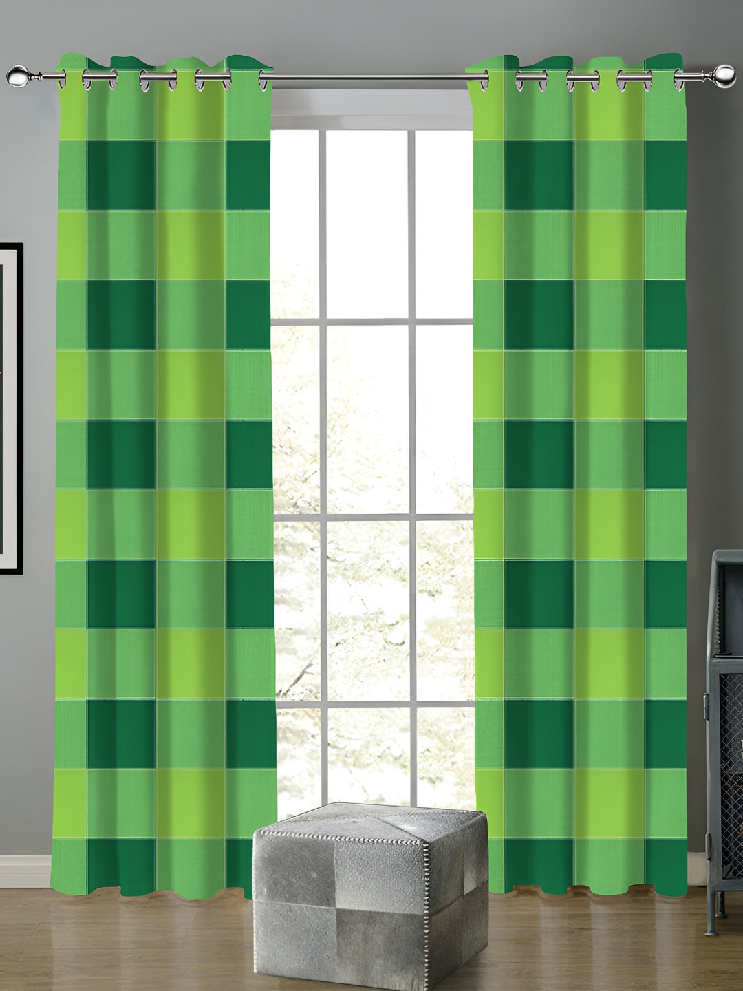 Airwill Green & Lime Green 2Pcs Geometric Room Darkening Door Curtain