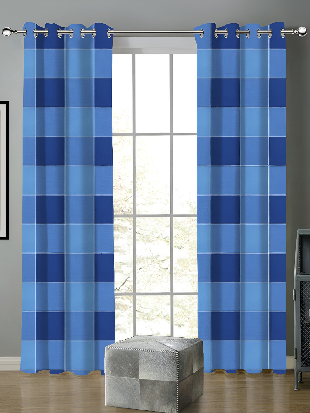 Airwill Blue 2 Pieces Geometric Printed Room Darkening Door Curtain