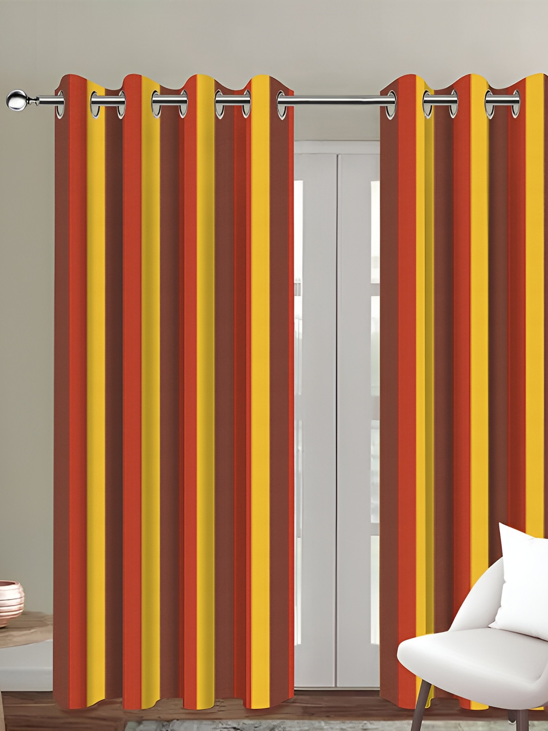 Airwill Yellow & Red 2 Pcs Striped Room Darkening Cotton Door Curtain