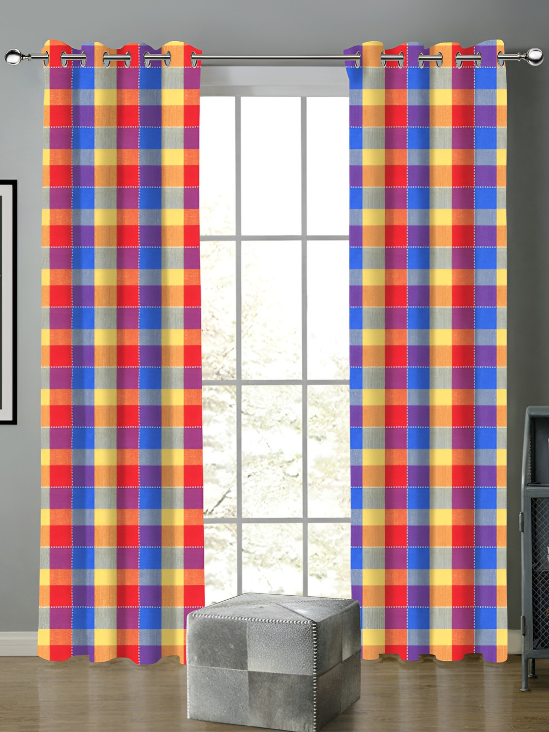 Airwill Yellow Red 2 Peces Buffalo Checked Cotton Room Darkening Long Door Curtain