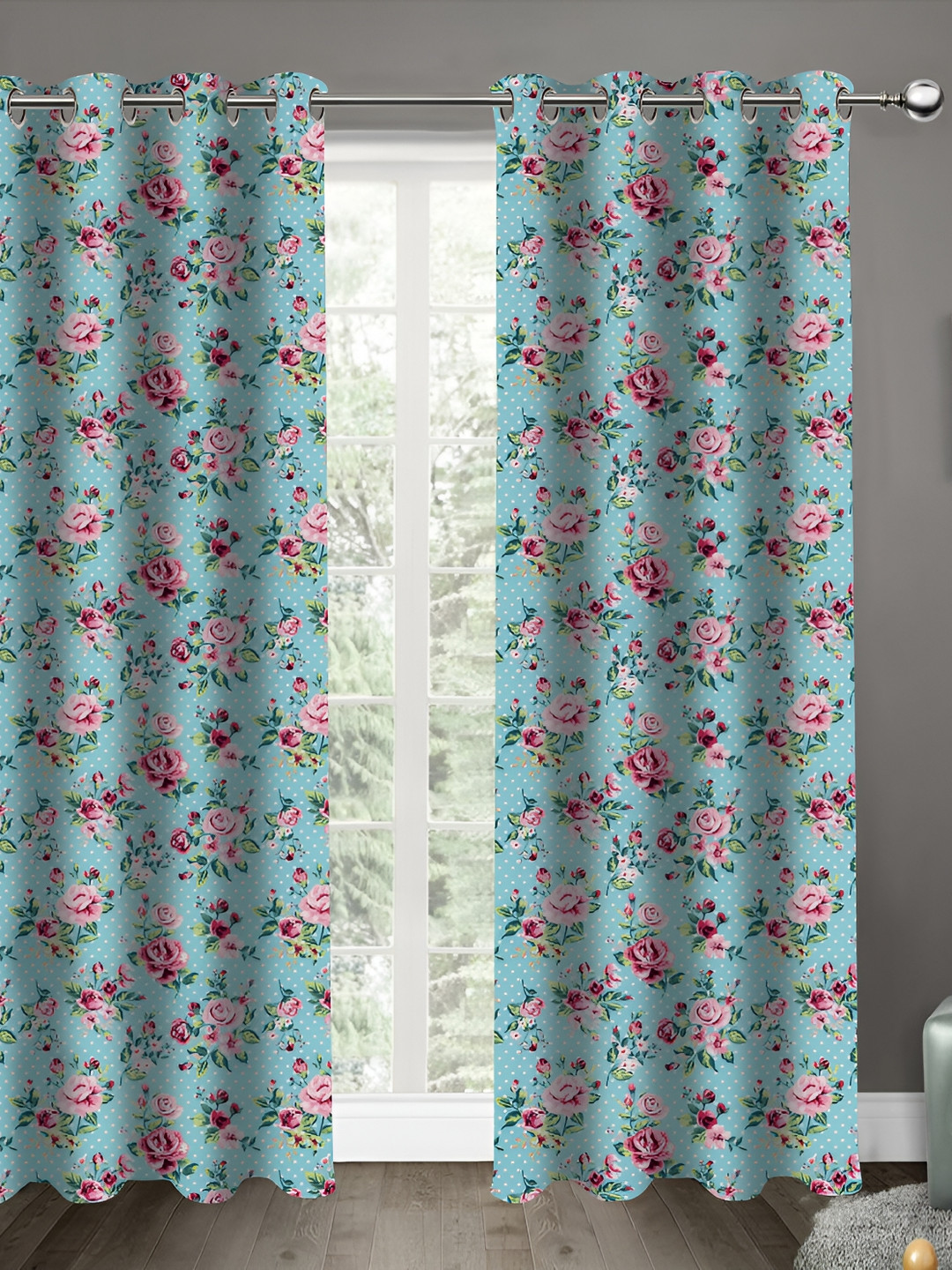 Airwill Green & Pink 2Pcs Floral Room Darkening Door Curtain