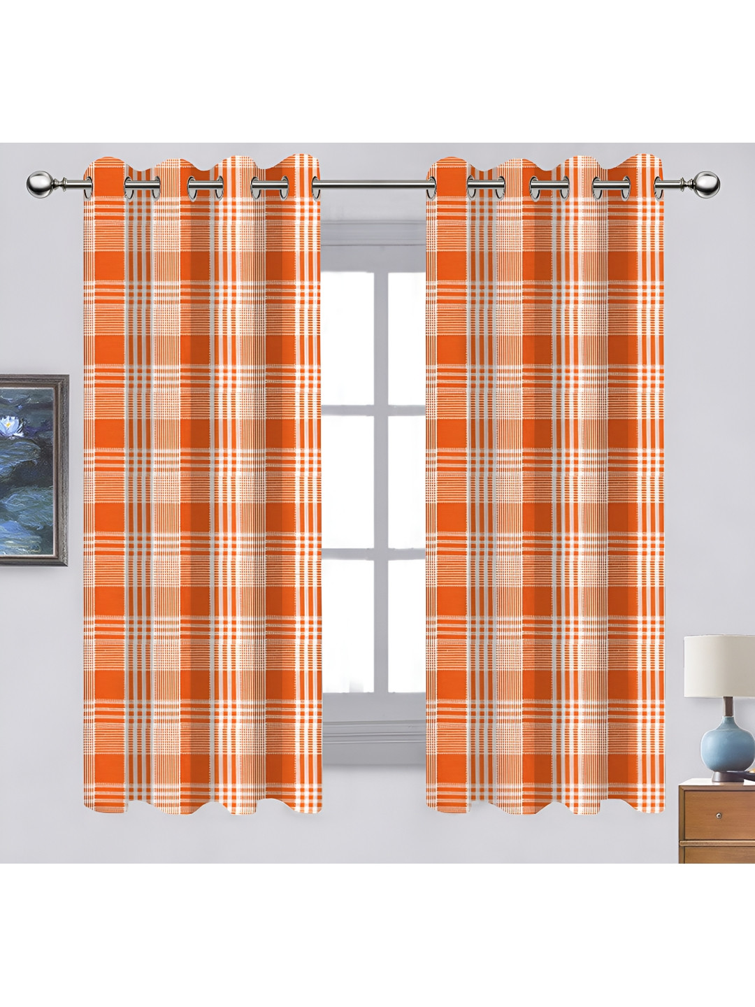 Airwill Orange Coloured & White 2 Pcs Geometric Room Darkening Cotton Window Curtains