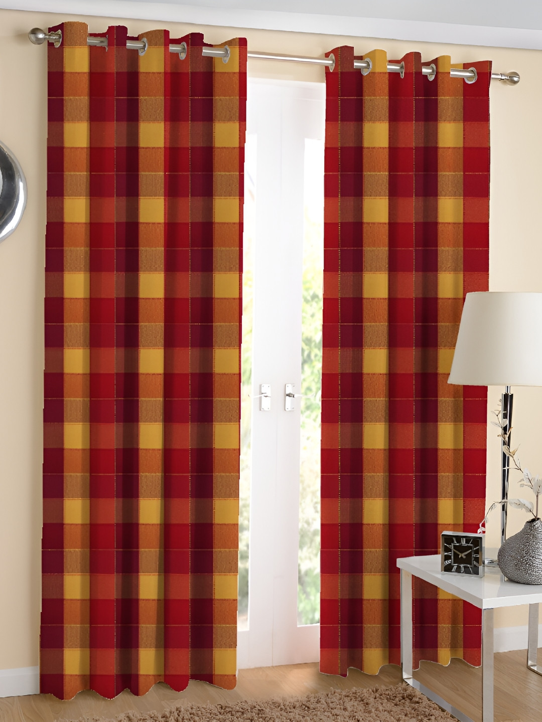 Airwill Red & Yellow 2 Pcs Geometric Room Darkening Cotton Long Door Curtain