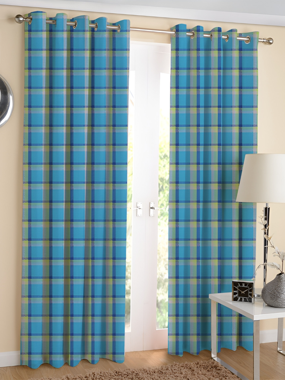 Airwill Blue 2 Peces Buffalo Checked Cotton Room Darkening Long Door Curtain