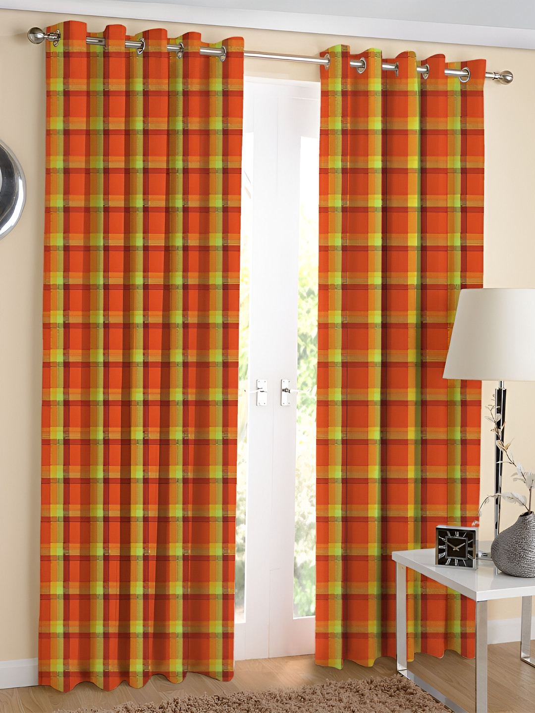 Airwill Orange Yellow 2 Pieces Tartan Checks Cotton Room Darkening Long Door Curtain