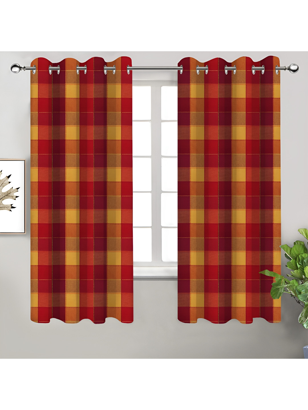 Airwill Red & Yellow 2 Pcs Geometric Room Darkening Cotton Window Curtains