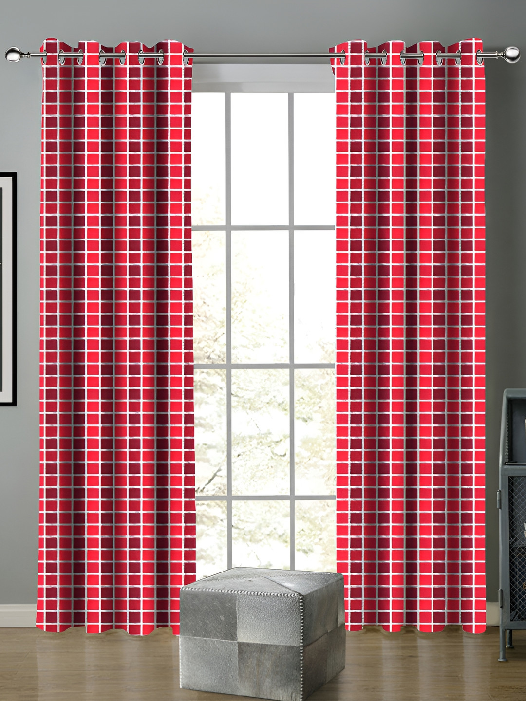 Airwill Maroon & Red 2 Pieces Geometric Printed Room Darkening Door Curtain
