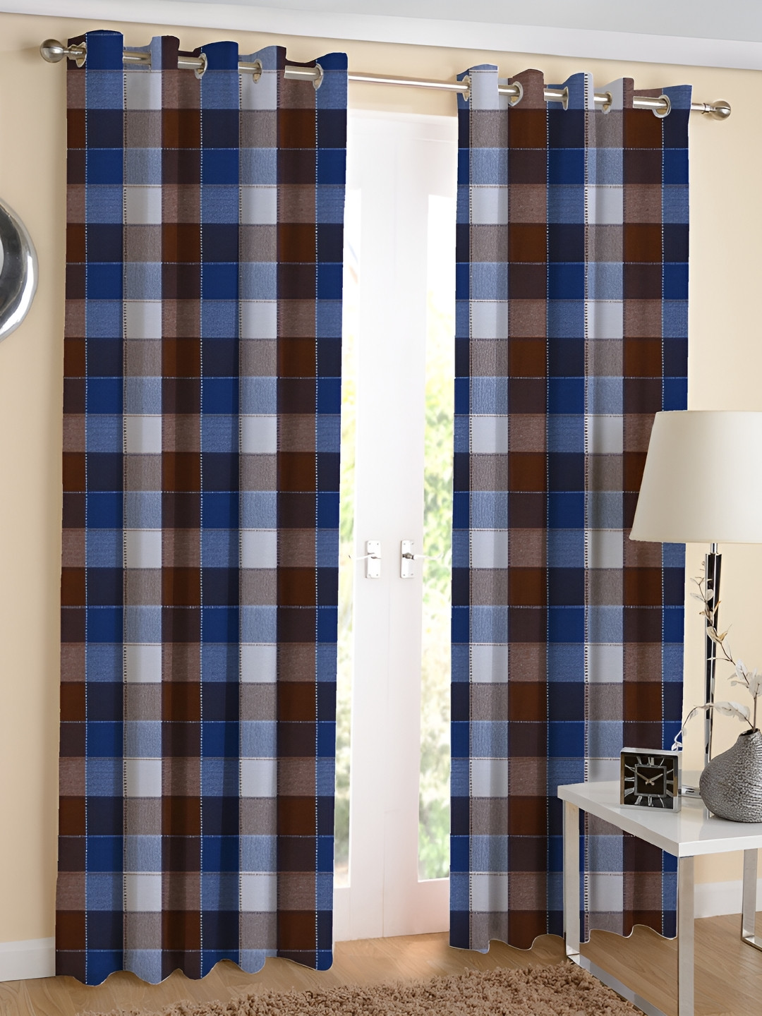 Airwill Blue Brown 2 Peces Buffalo Checked Cotton Room Darkening Long Door Curtain
