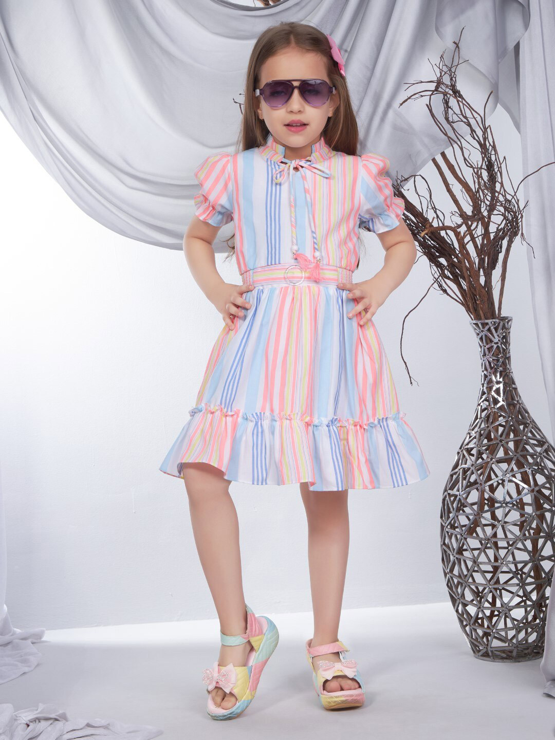 Peppermint Girls Striped Tie-Up Neck Fit & Flare Dress