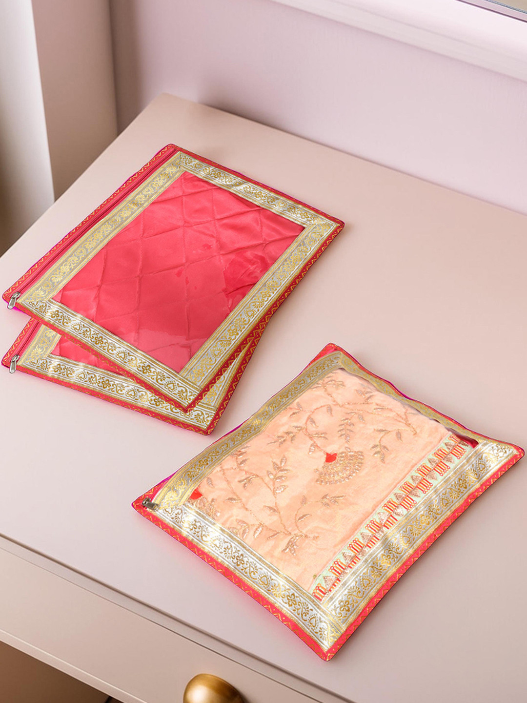 Kuber Industries Pink 3 Pieces Saree Cover Organizer