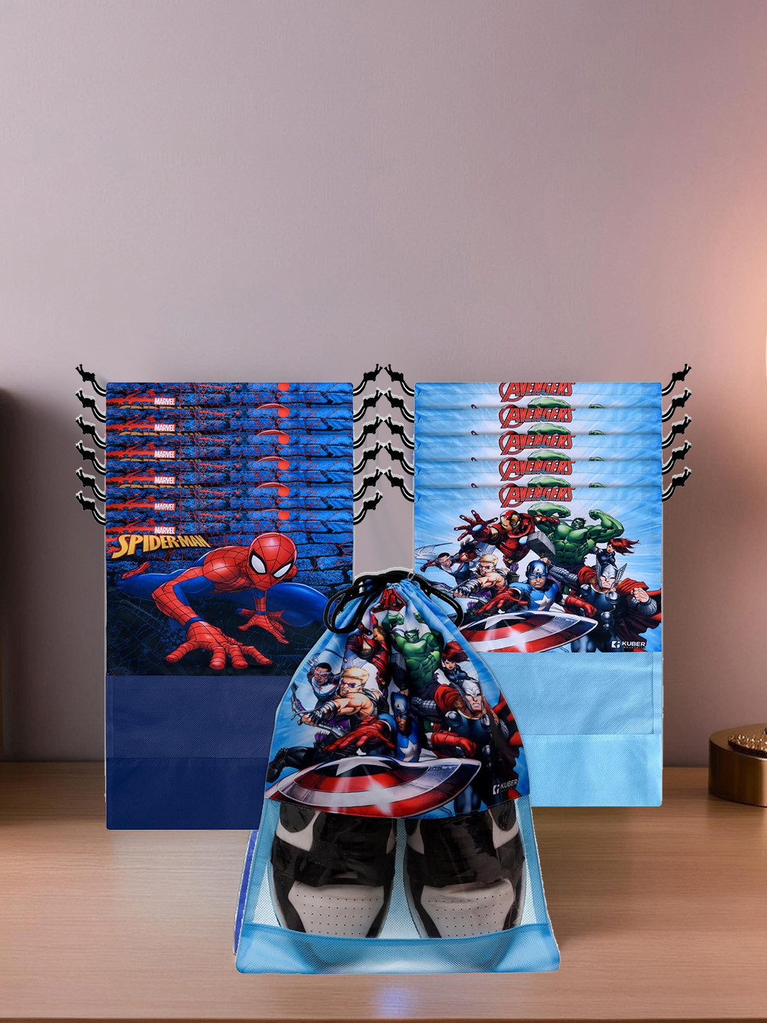 Kuber Industries Set Of 12 Marvel Avengers Printed Waterproof Shoe Bags With Clear Window
