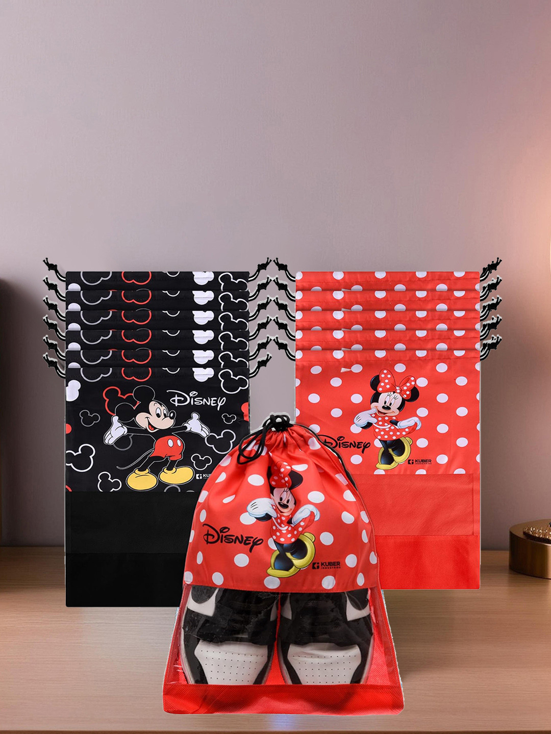 Kuber Industries Set Of 12 Minnie Mouse Printed Waterproof Shoe Bags With Clear Window