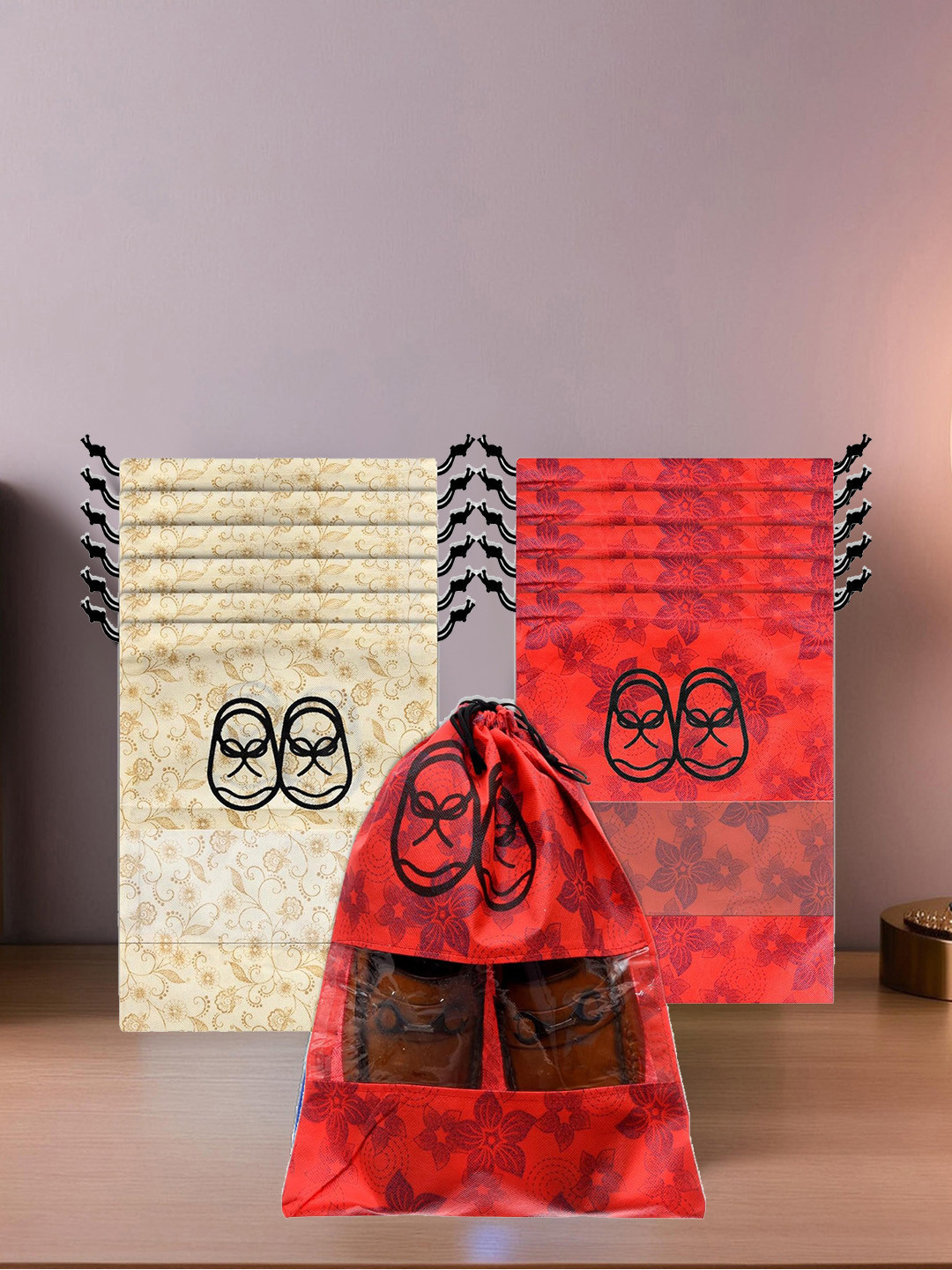 Kuber Industries Pack of 12 Floral Printed Waterproof Shoe Bags With Clear Window