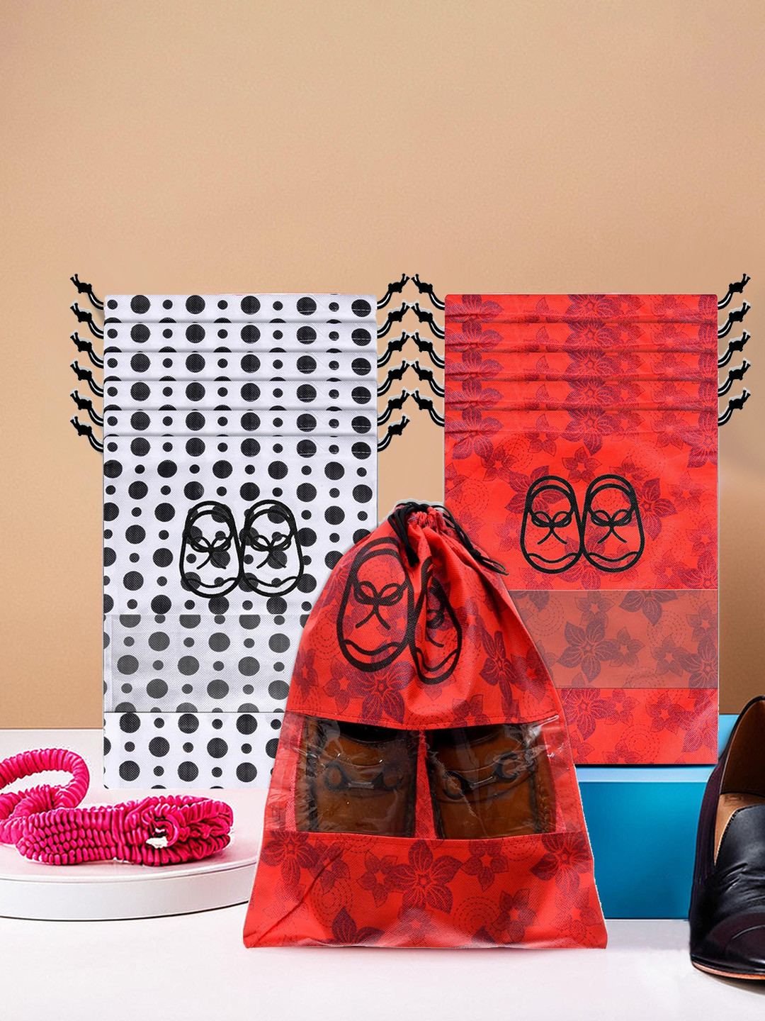 Kuber Industries Pack of 12 Floral Printed Waterproof Shoe Bags with Clear Window