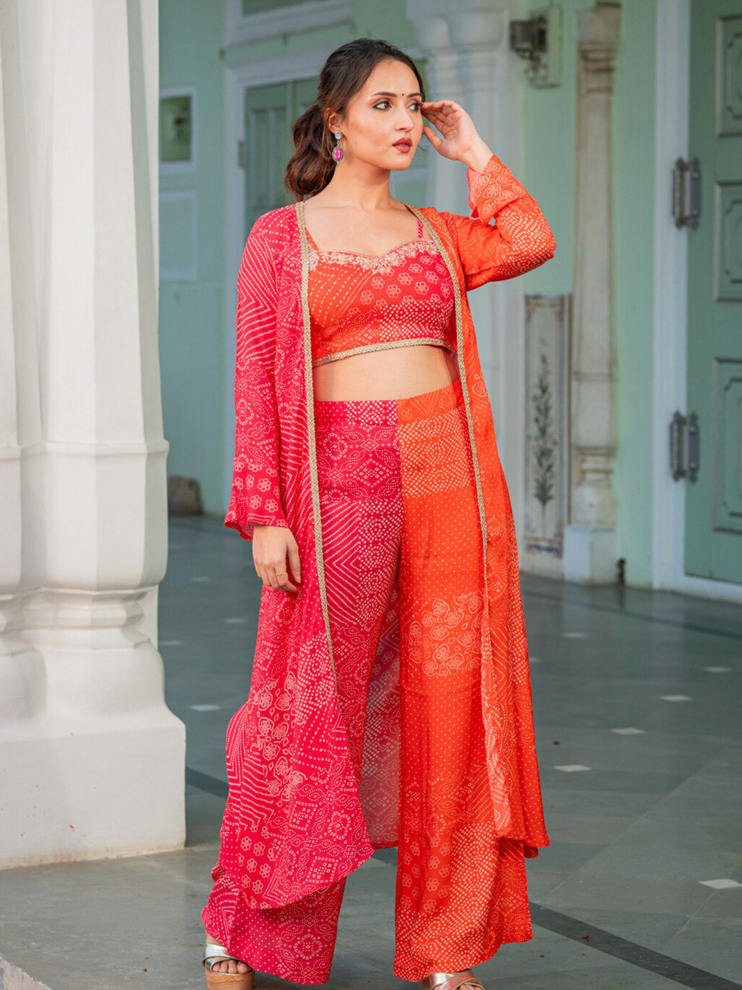 Ambraee Printed Top & Palazzo With Shrug