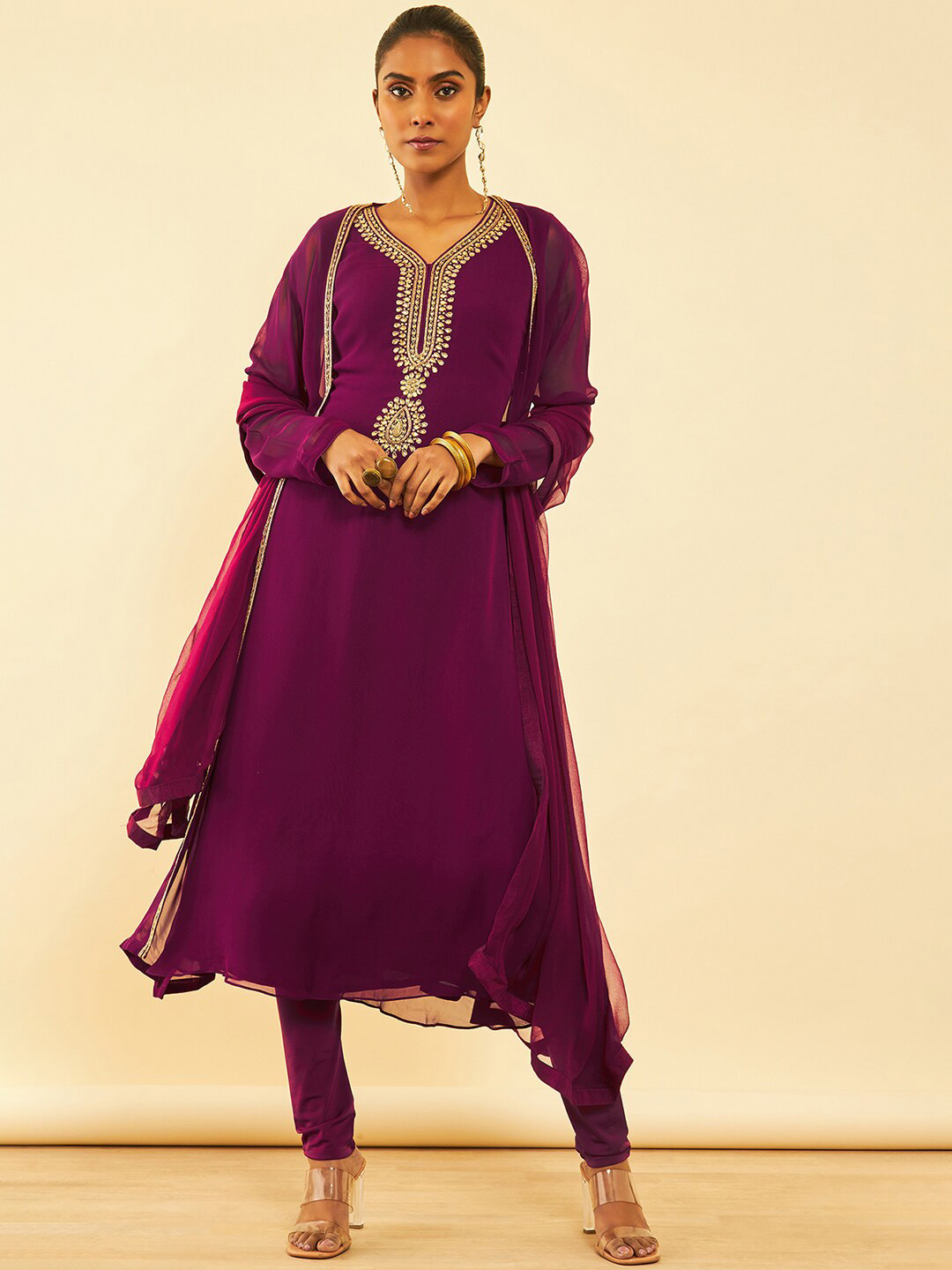 Soch Magenta Embroidered Regular Beads and Stones Kurta with Churidar & Dupatta