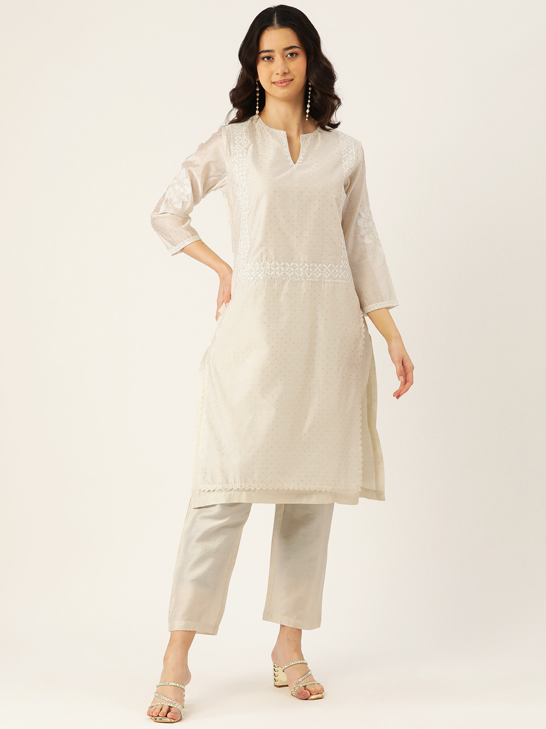 MISRI Printed Sequinned Pure Cotton Kurta with Trousers