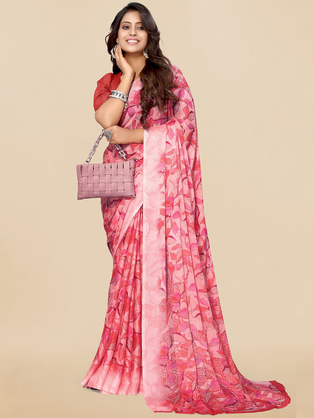 KALINI Peach-Coloured & Coral Floral Printed Saree