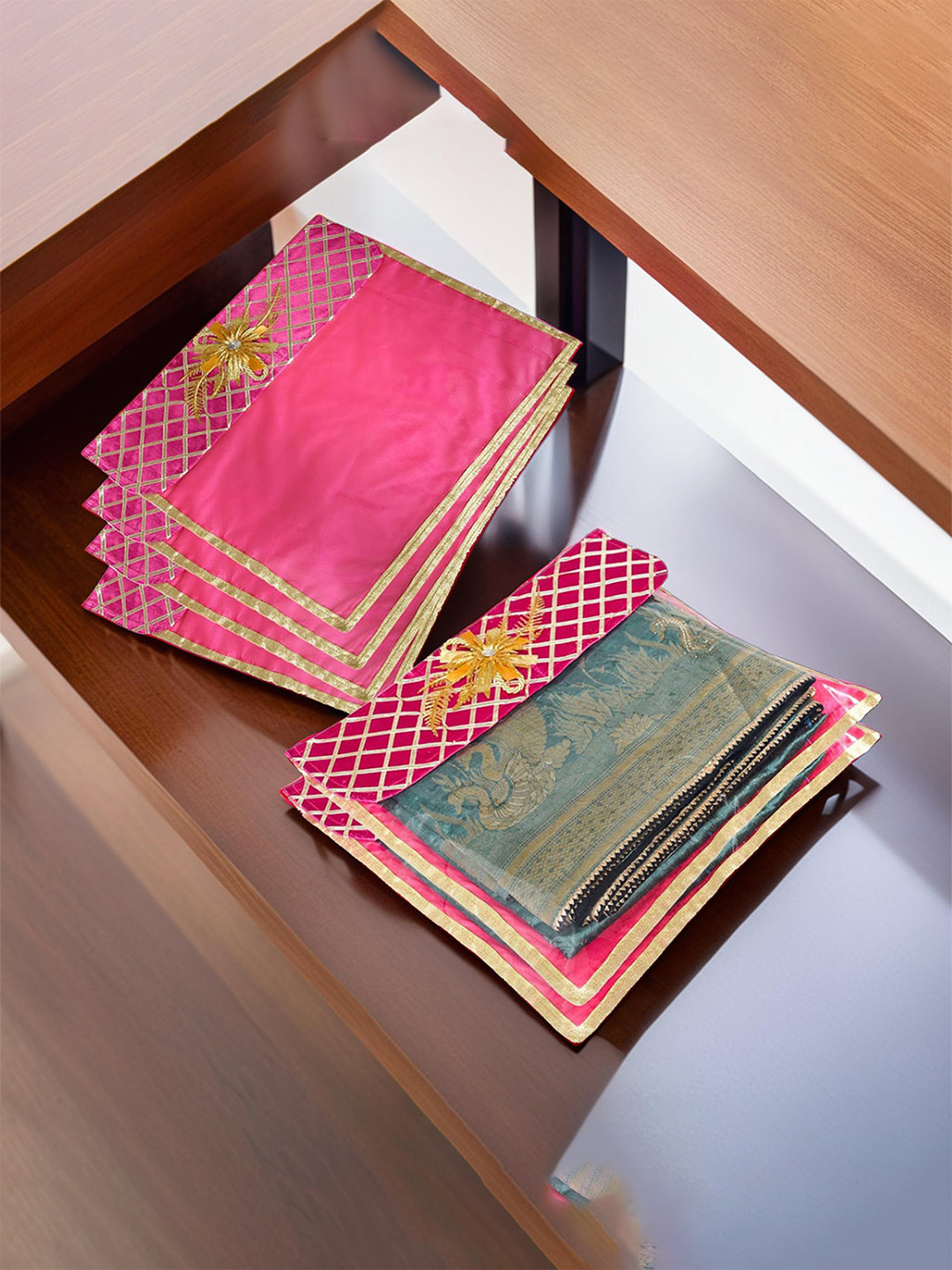 Kuber Industries Pink & Gold Toned 6 Pieces Geometric Self Deign Organisers