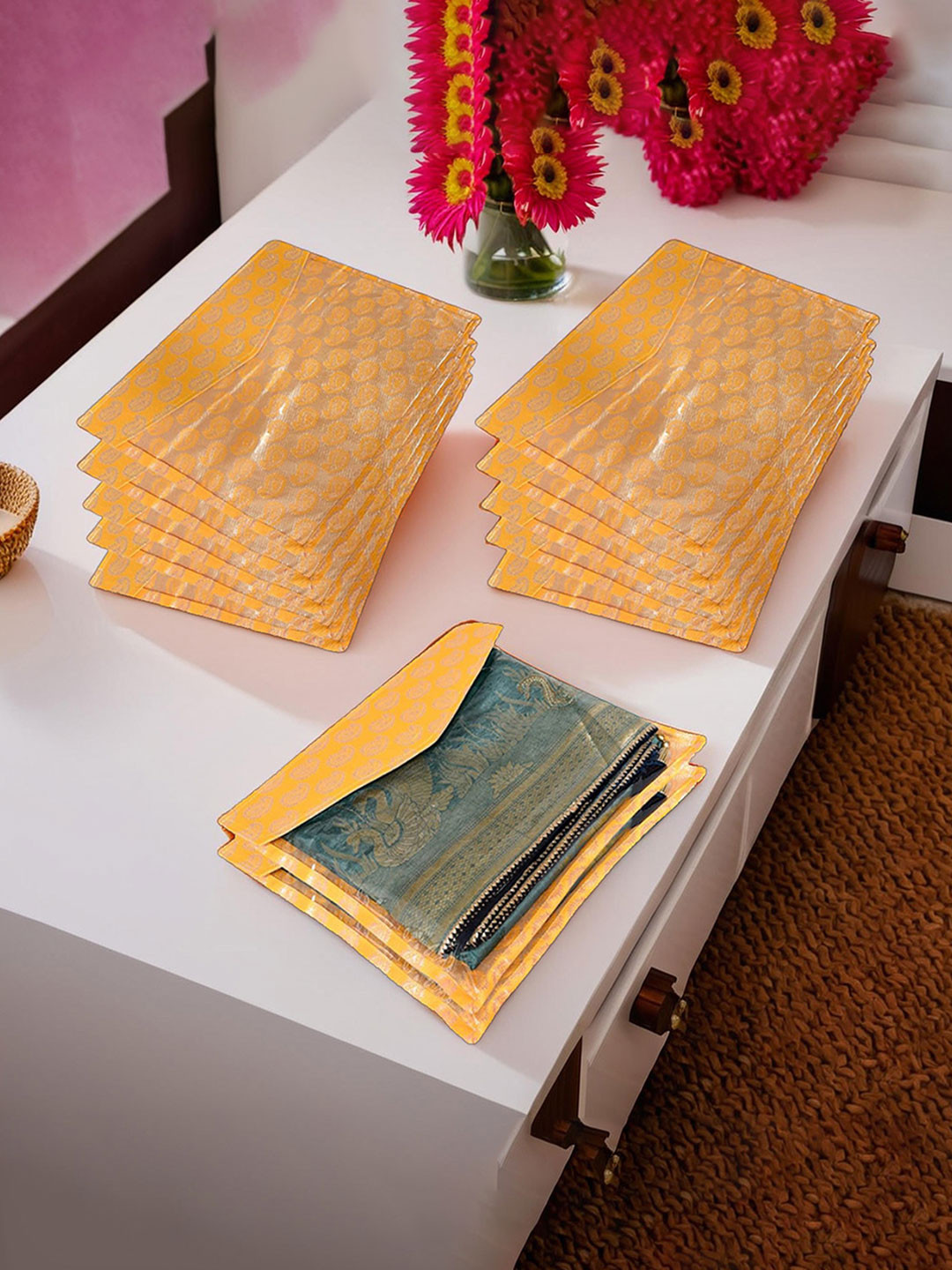 Kuber Industries Yellow & Gold Toned 12 Pieces Saree Cover Organisers