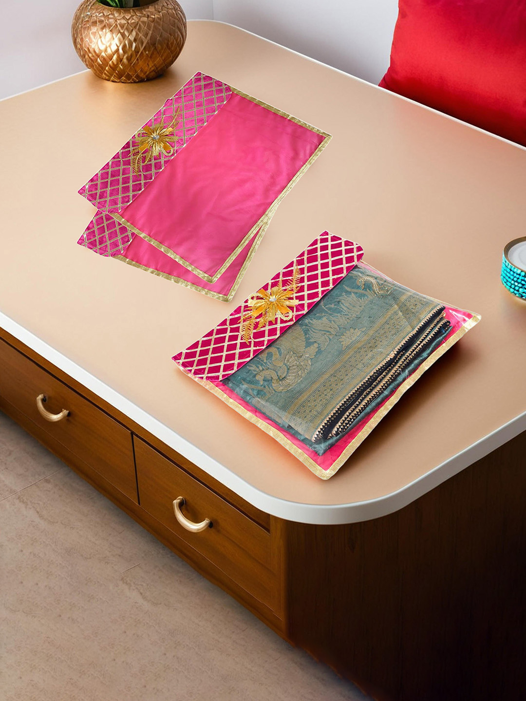 Kuber Industries Pink & Gold Toned 3 Pieces Saree Cover Organisers