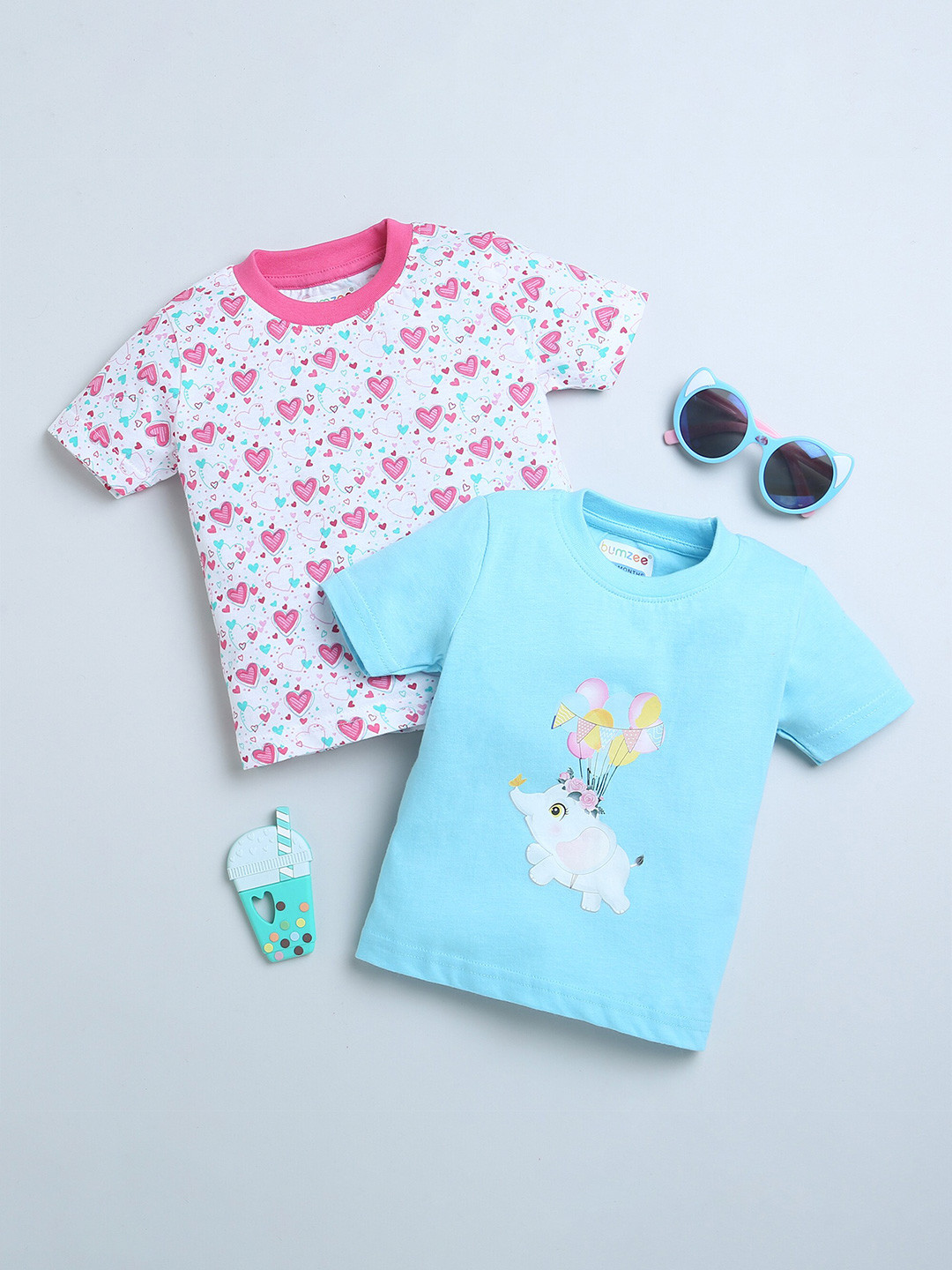 BUMZEE Girls 2 Printed Round Neck Applique T-shirt