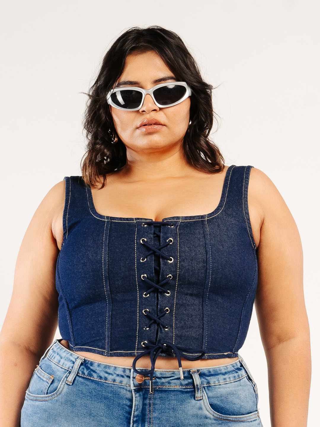 FREAKINS Plus Size Square Neck Tie-Ups Sleeveless Cotton Crop Top