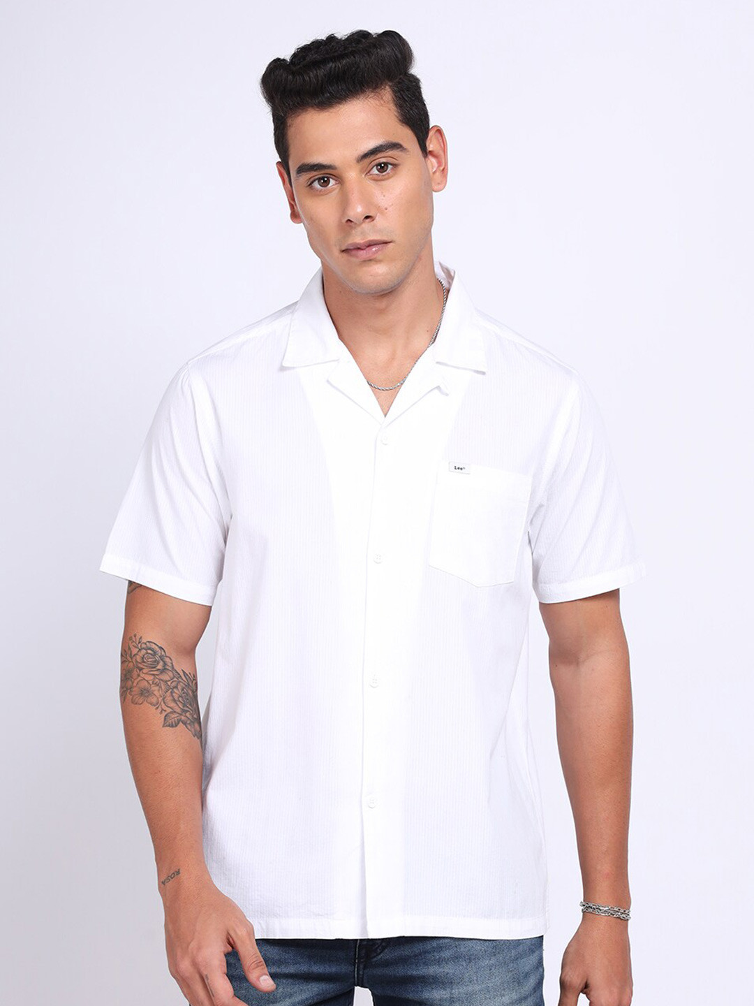 Lee Comfort Seersucker Spread Collar Cotton Opaque Casual Shirt