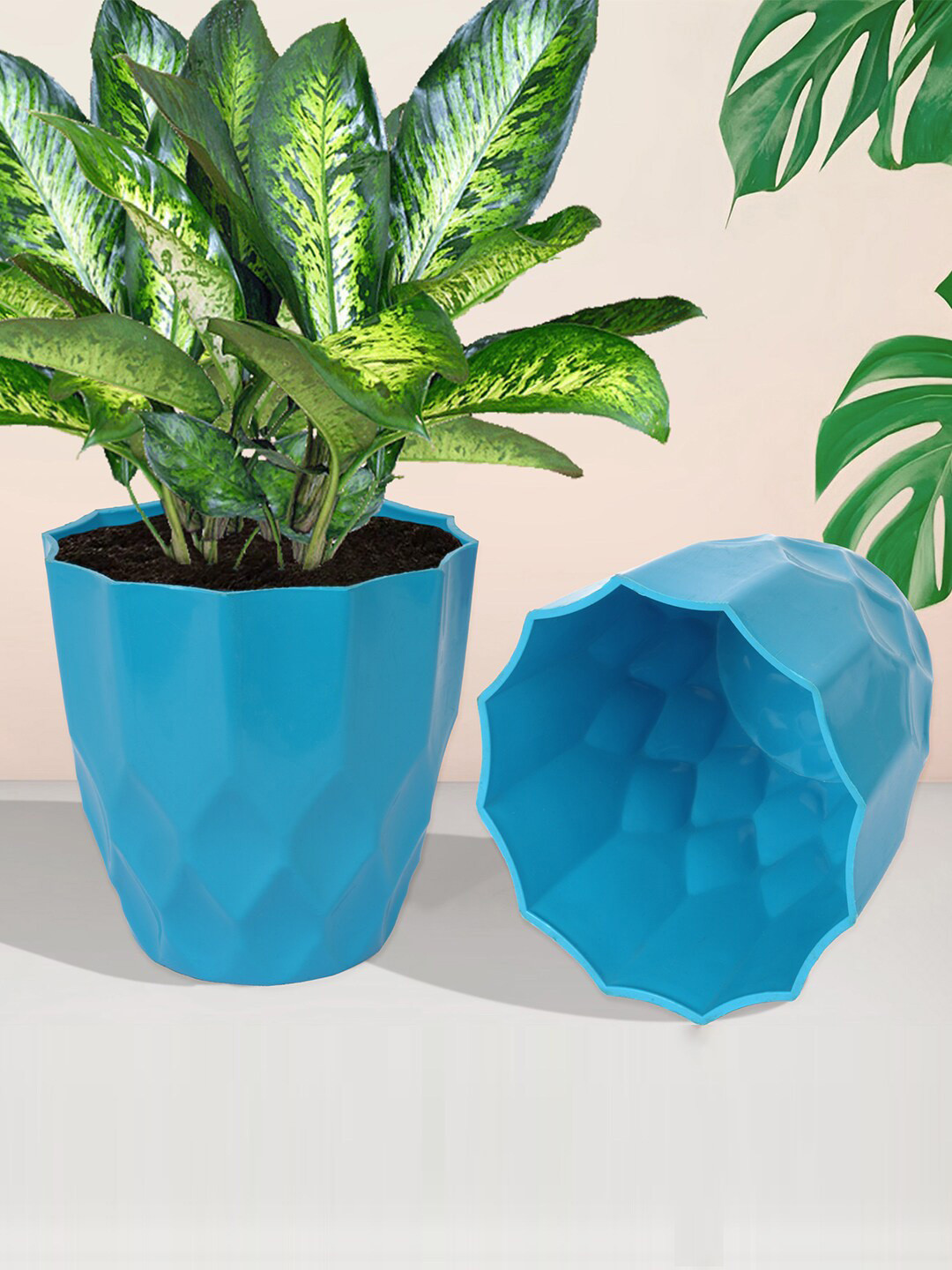 Kuber Industries White & Blue 5 Pieces Textured Planters