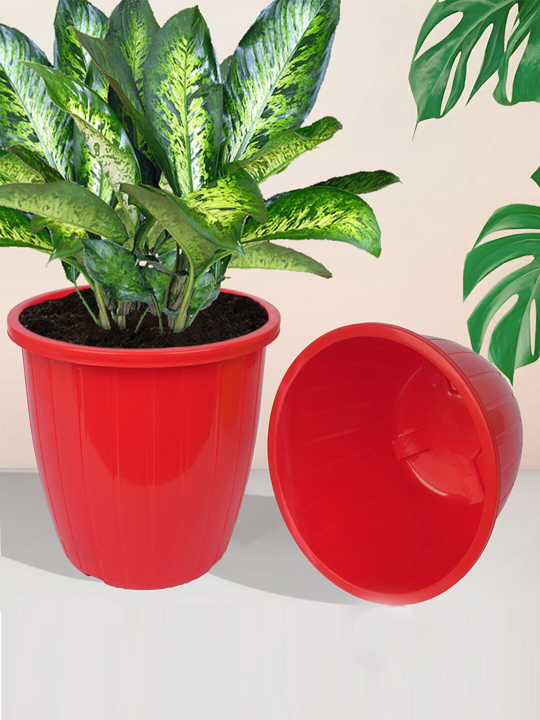 Kuber Industries Red & White 5 Pieces Balcony Textured Planters