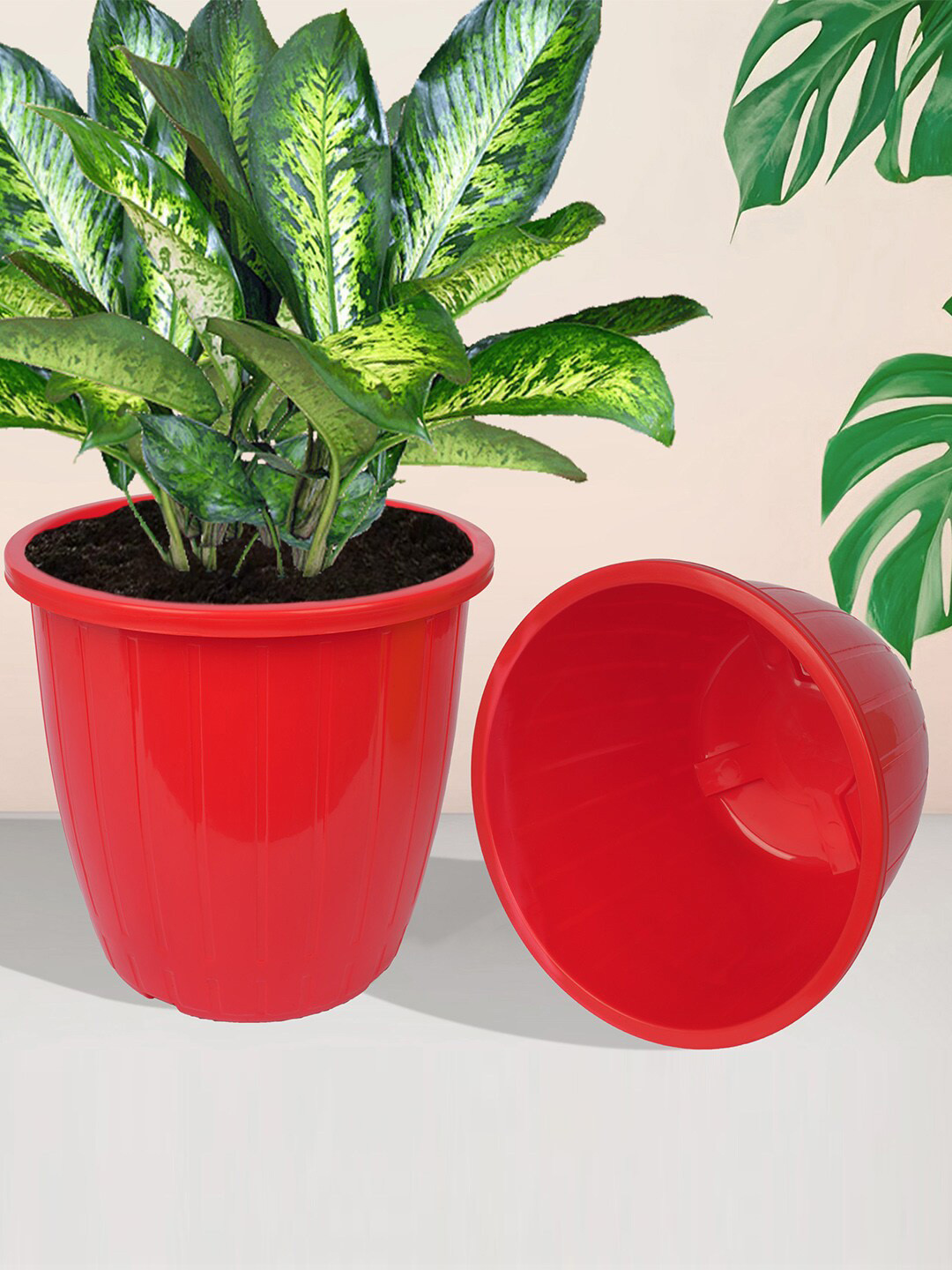 Kuber Industries Red 4 Pieces Textured Planters Pots