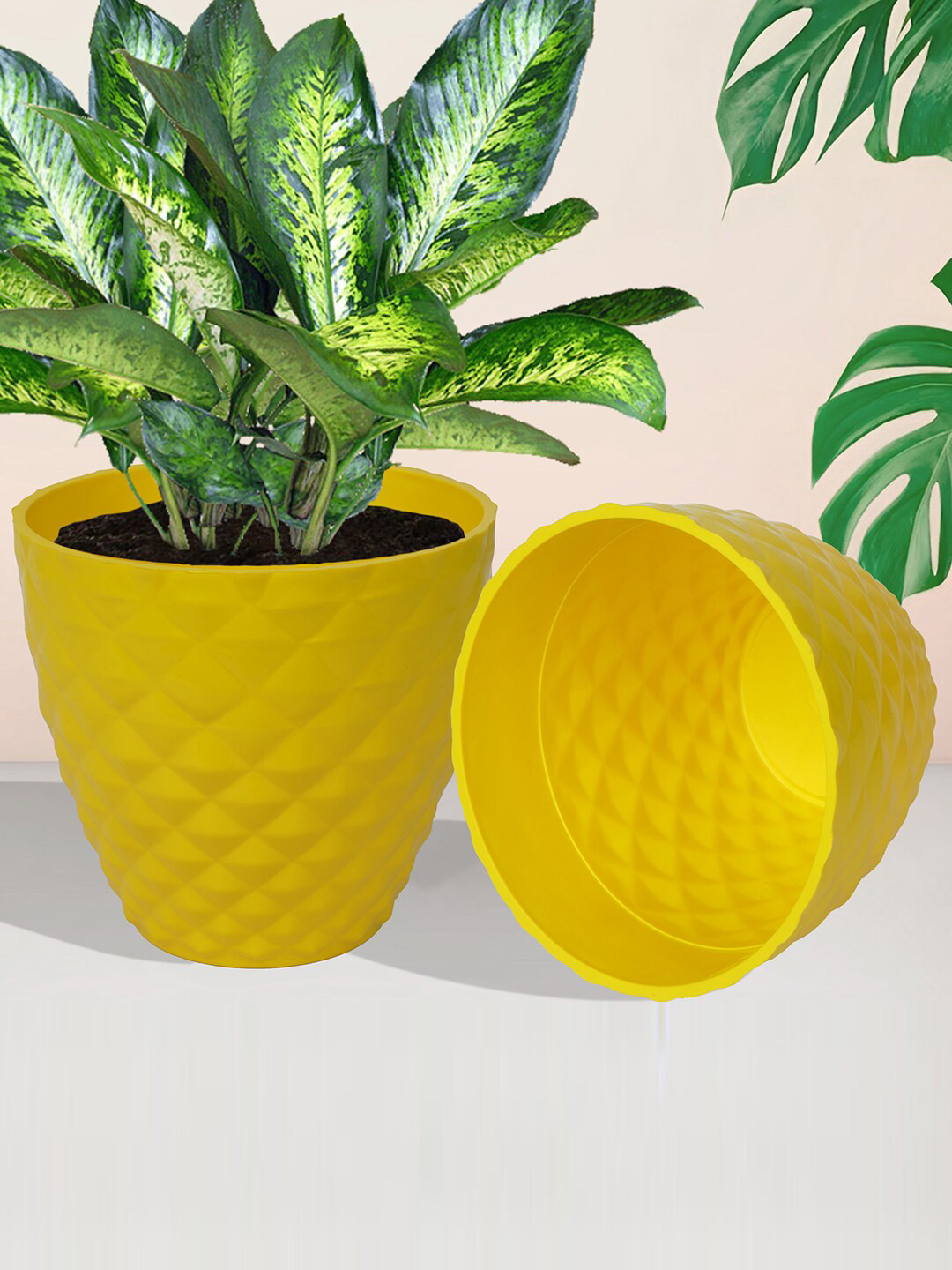 Kuber Industries Yellow & White 5 Pieces Textured Planters Pots