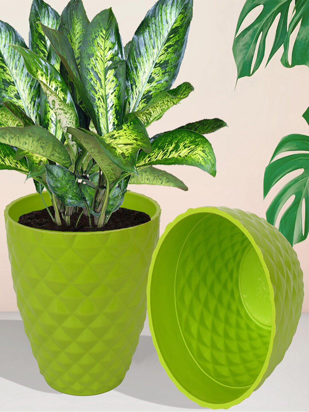 Kuber Industries Green & White 6 Pieces Textured Planters Pots