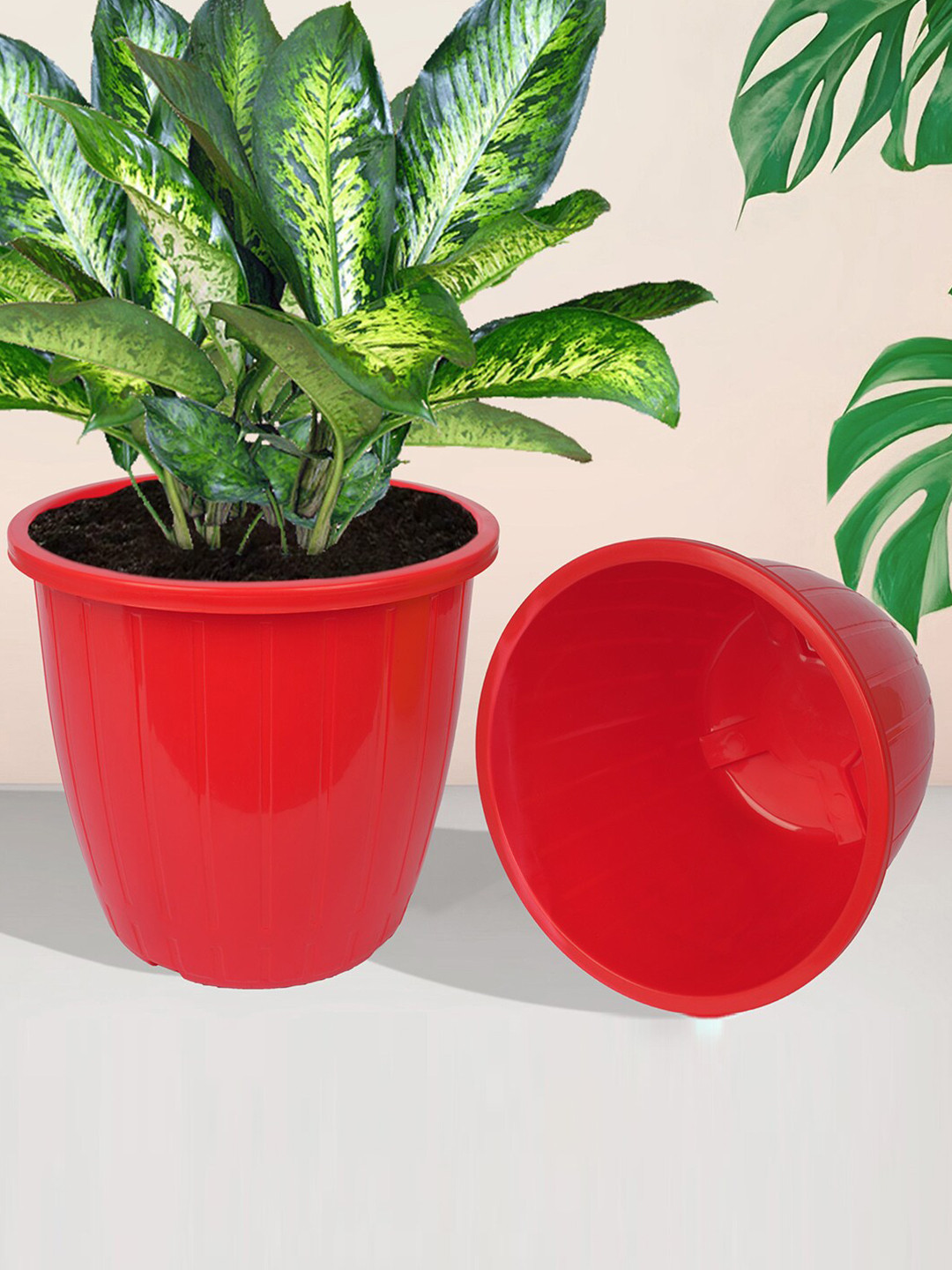 Kuber Industries 4 Pieces Red & white Textured Indoor & Outdoor Flower Pots