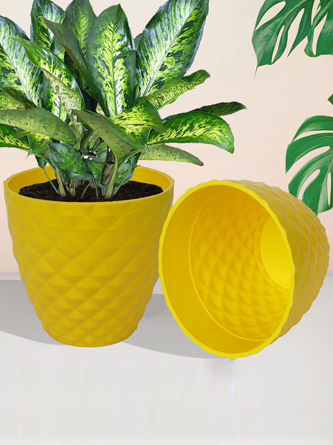 Kuber Industries 5-Pcs yellow & white Textured Indoor & Outdoor Flower Pots