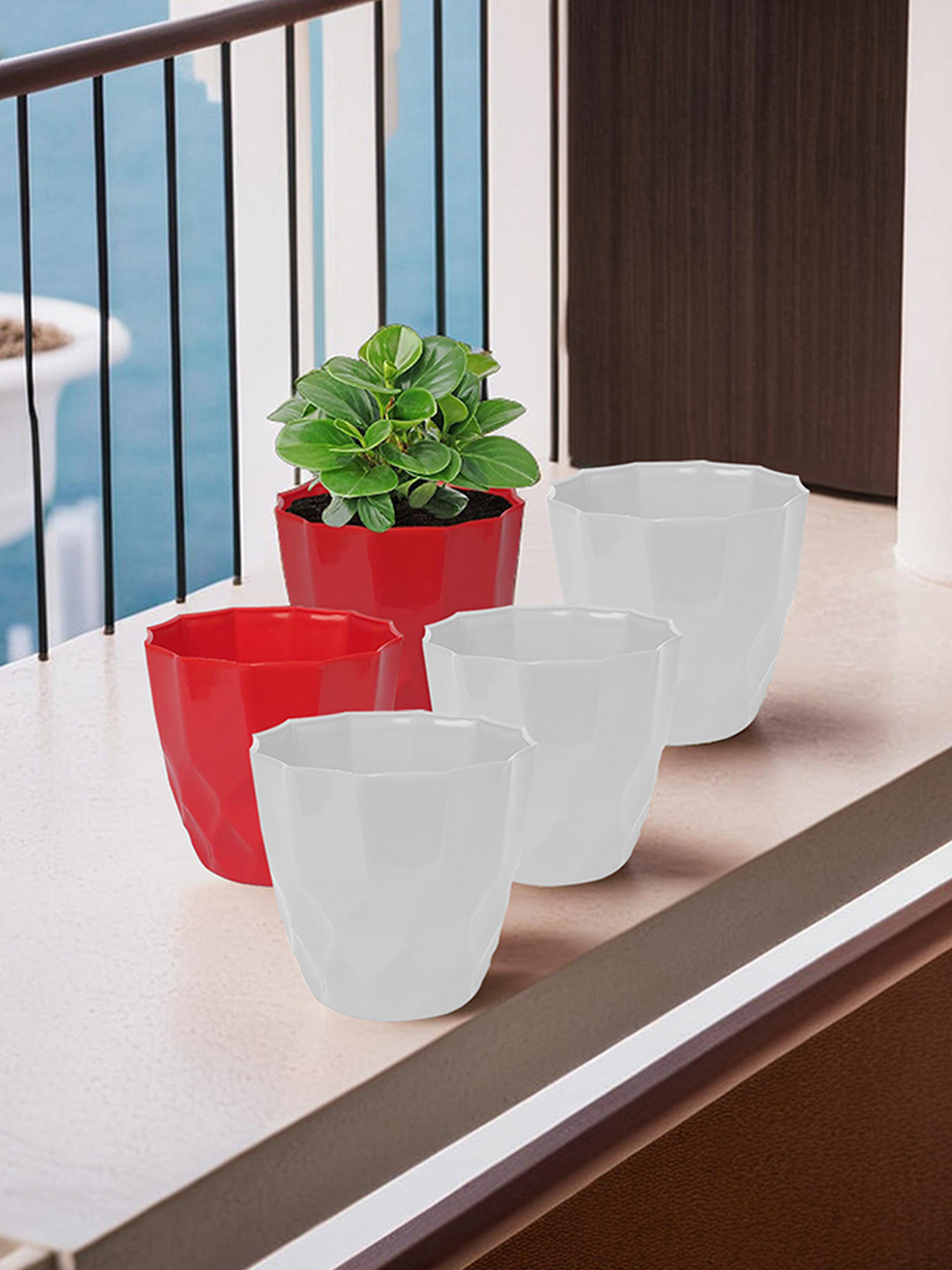 Kuber Industries Red & White 5 Pieces Indoor & Outdoor Planters