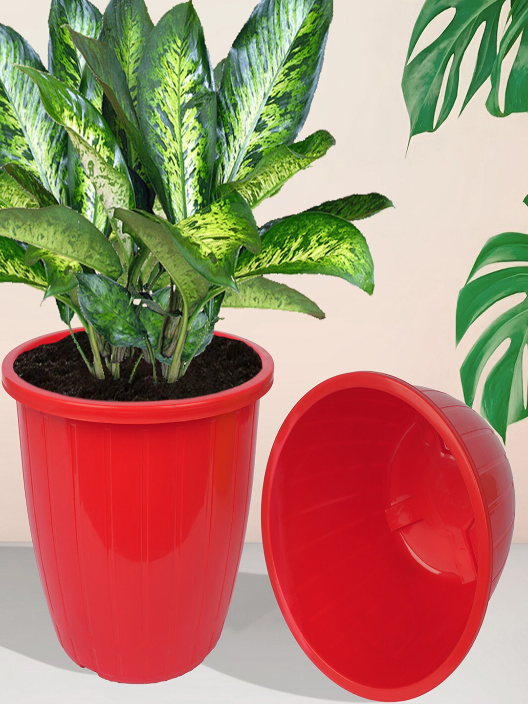 Kuber Industries Red & White 5 Pieces Textured Indoor & Outdoor Flower Pots