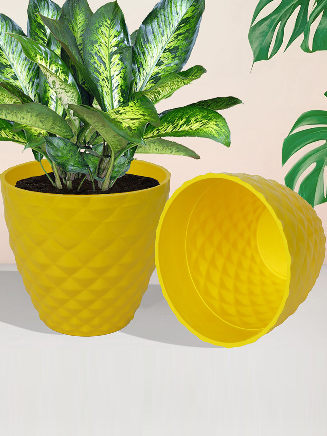 Kuber Industries 5 Pieces Yellow Textured Flower Pots