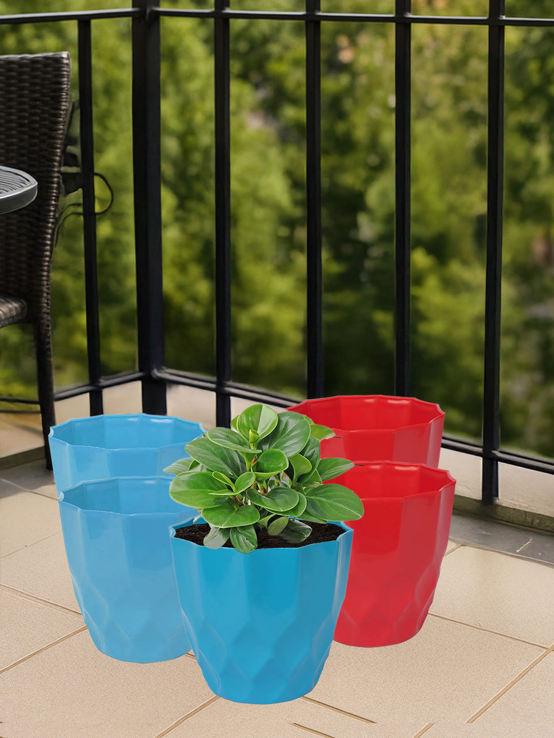 Kuber Industries 5 Pieces Red & Blue Textured Flower Pots