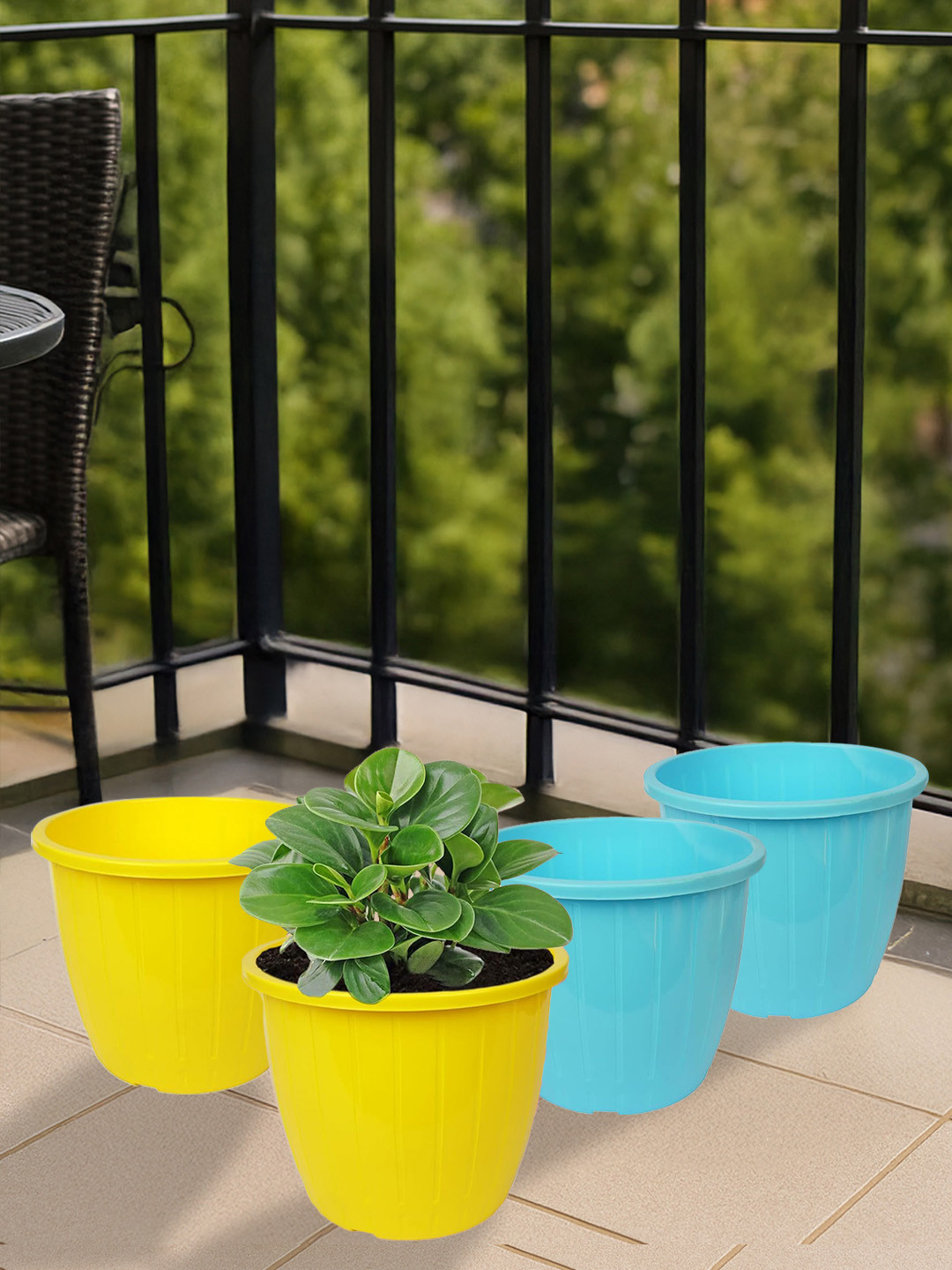 Kuber Industries 4 Pieces Blue & Yellow Textured Flower Pots