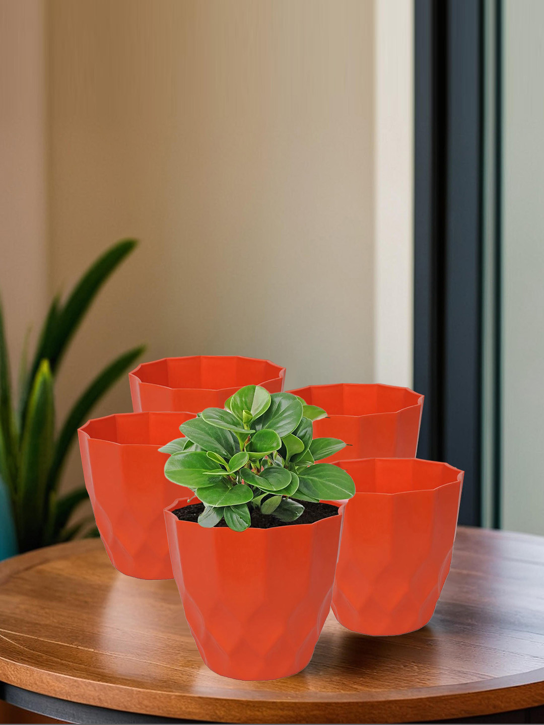 Kuber Industries 5 Pieces Orange-Coloured Textured Flower Pots