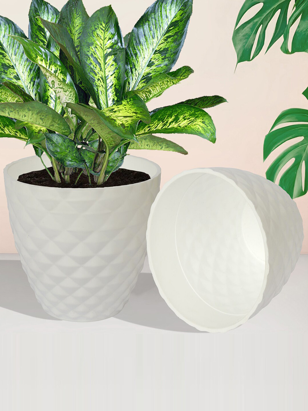 Kuber Industries 5 Pieces White Textured Flower Pots