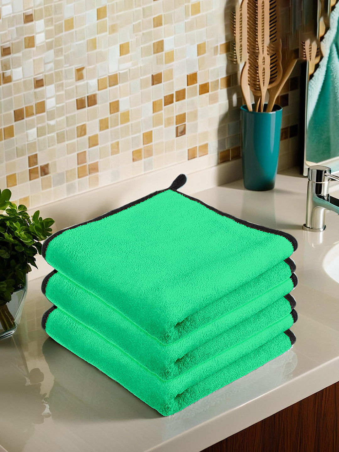 Kuber Industries 3 Pieces Green Microfiber 400GSM Kitchen Towels