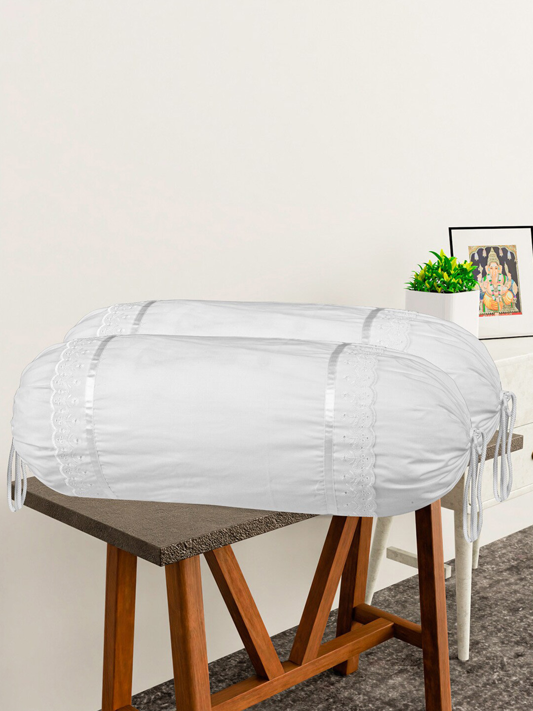 Kuber Industries White 2 Pieces Lace-Printed Cotton Bolster Covers
